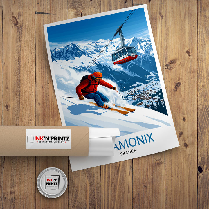 Chamonix Ski Poster Print France Wall Art Mountain Resort Landscape Gift for Europe Travel Lovers and Fans of Scenic French Alps Winter