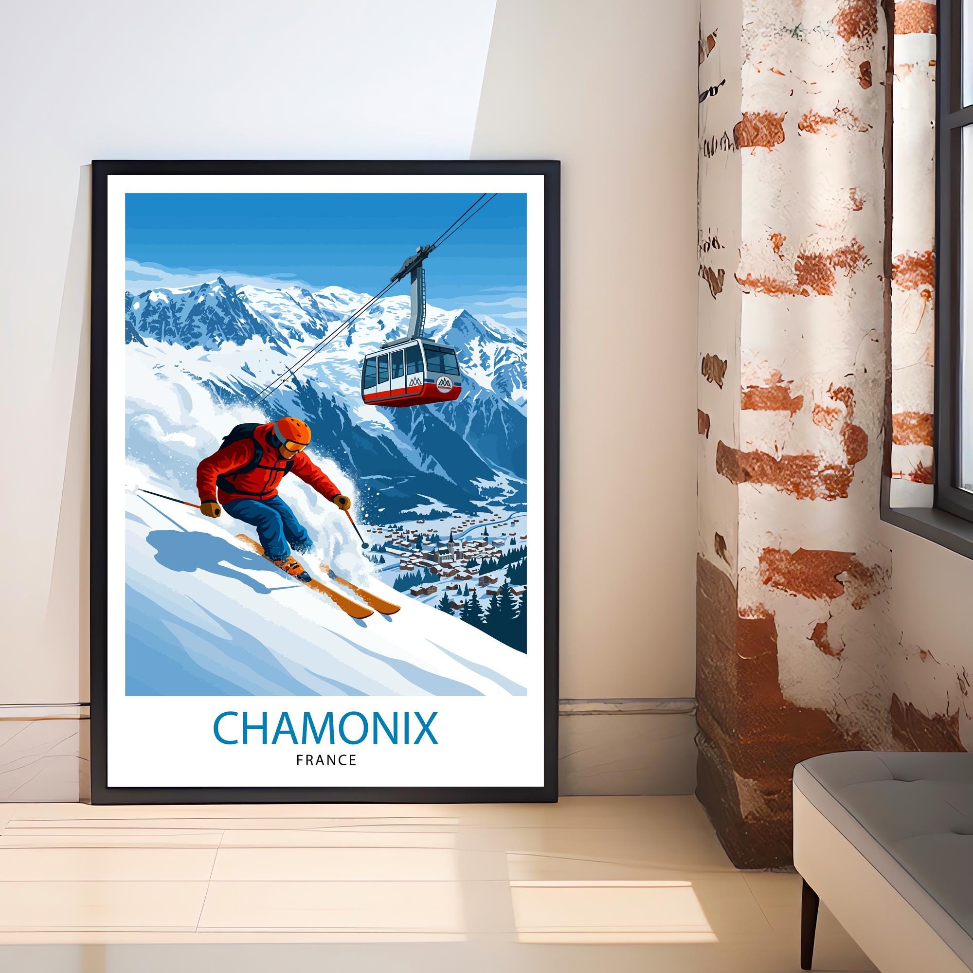 Chamonix Ski Poster Print France Wall Art Mountain Resort Landscape Gift for Europe Travel Lovers and Fans of Scenic French Alps Winter