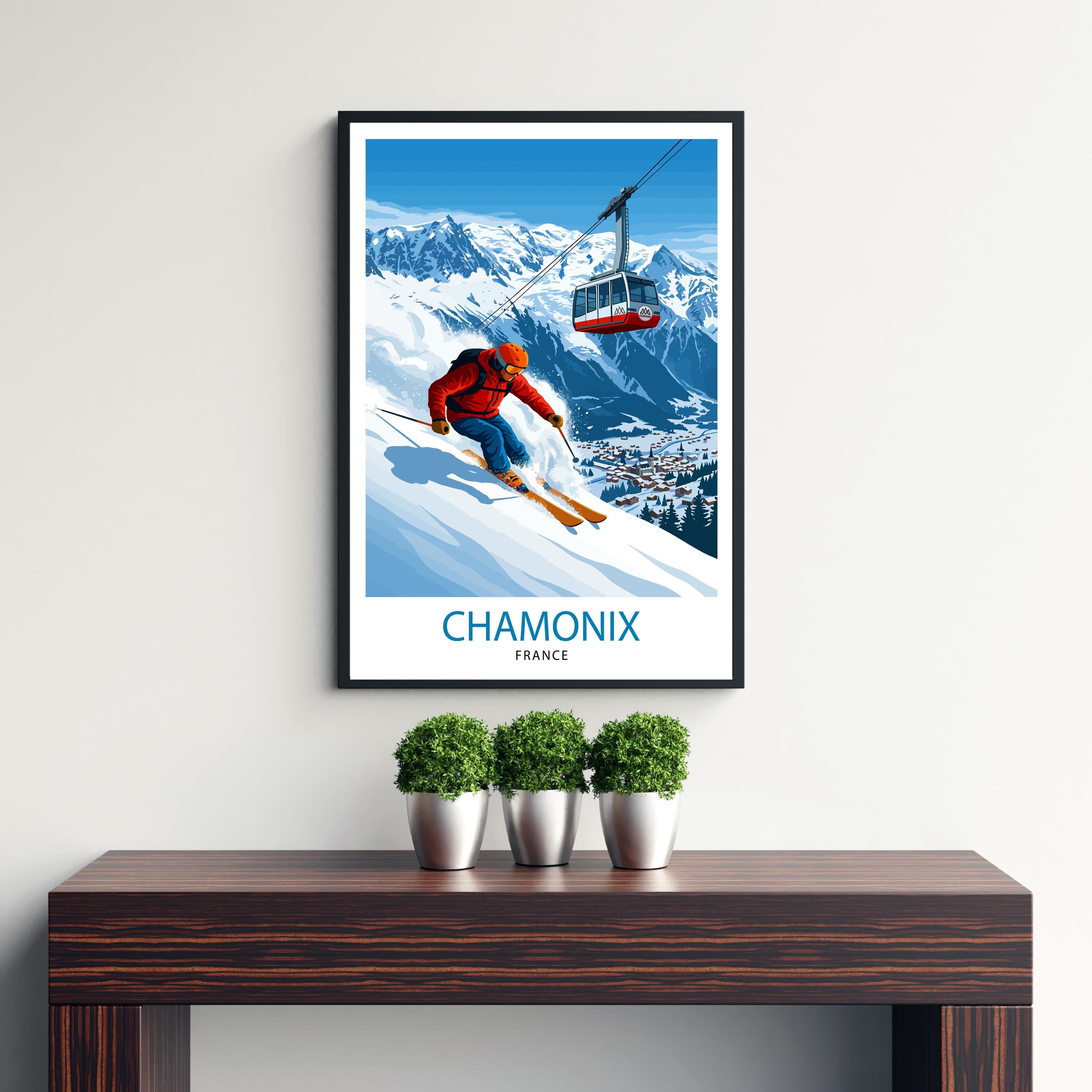 Chamonix Ski Poster Print France Wall Art Mountain Resort Landscape Gift for Europe Travel Lovers and Fans of Scenic French Alps Winter
