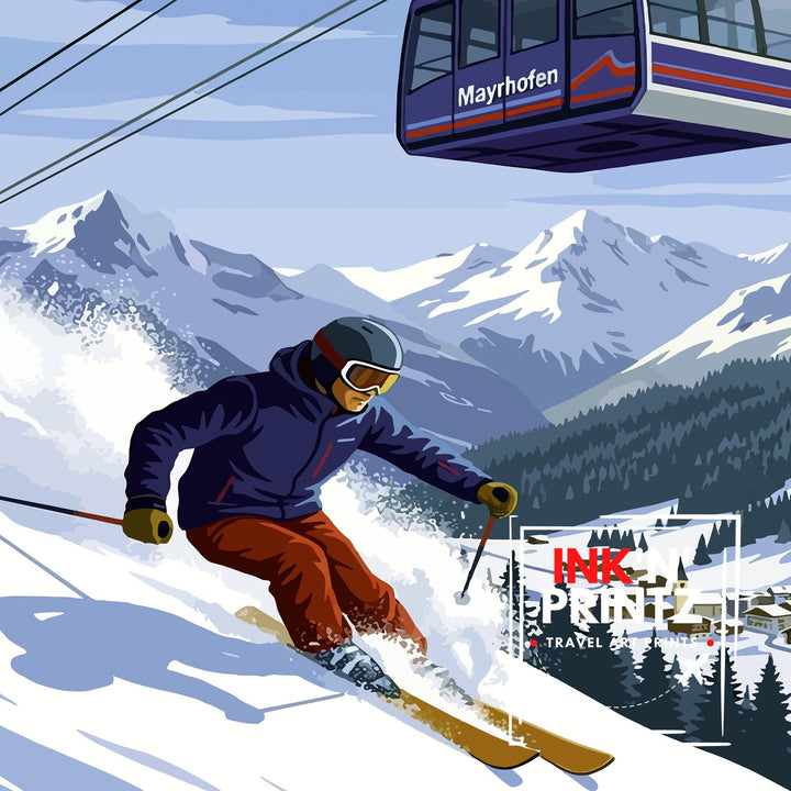 Mayrhofen Ski Poster Print Austria Wall Art Mountain Resort Landscape Gift for Europe Travel Lovers and Fans of Scenic Austrian Alps Winter