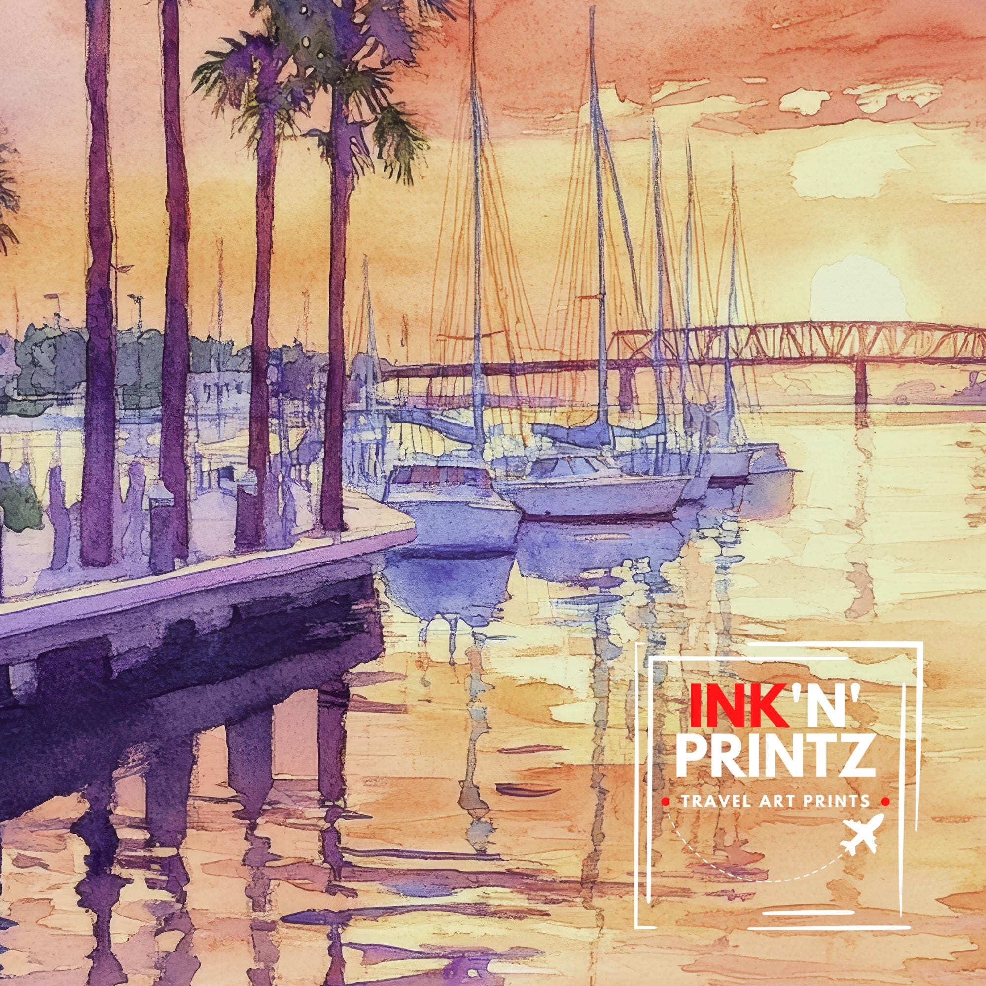 Bradenton Florida Watercolor Painting Poster USA Wall Art Coastal Landscape Print Gift for American Travel Lovers and Fans of Scenic Seaside