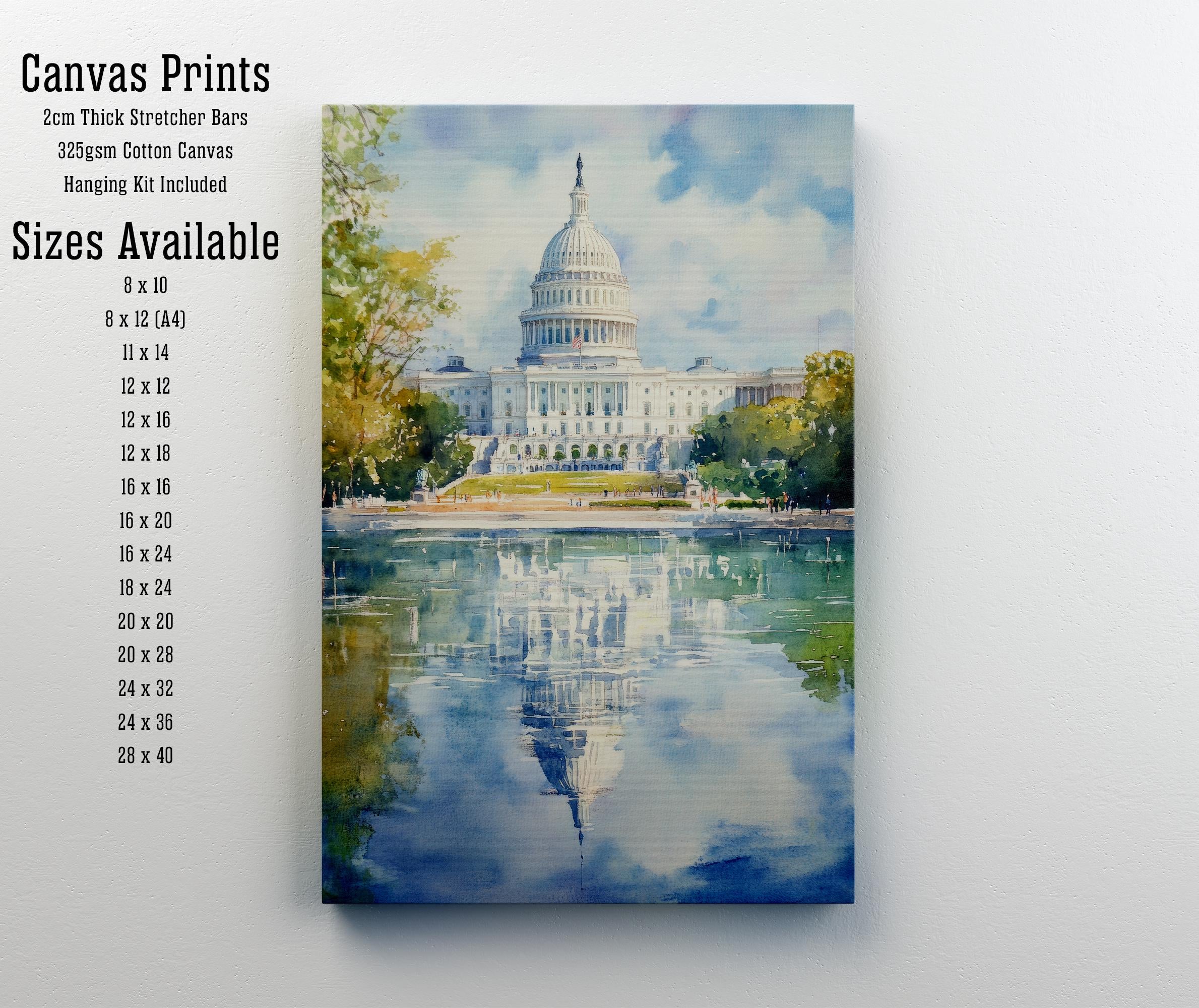 Washington DC Watercolor Painting Poster USA Wall Art City Skyline Landscape Print Gift for American Travel Lovers