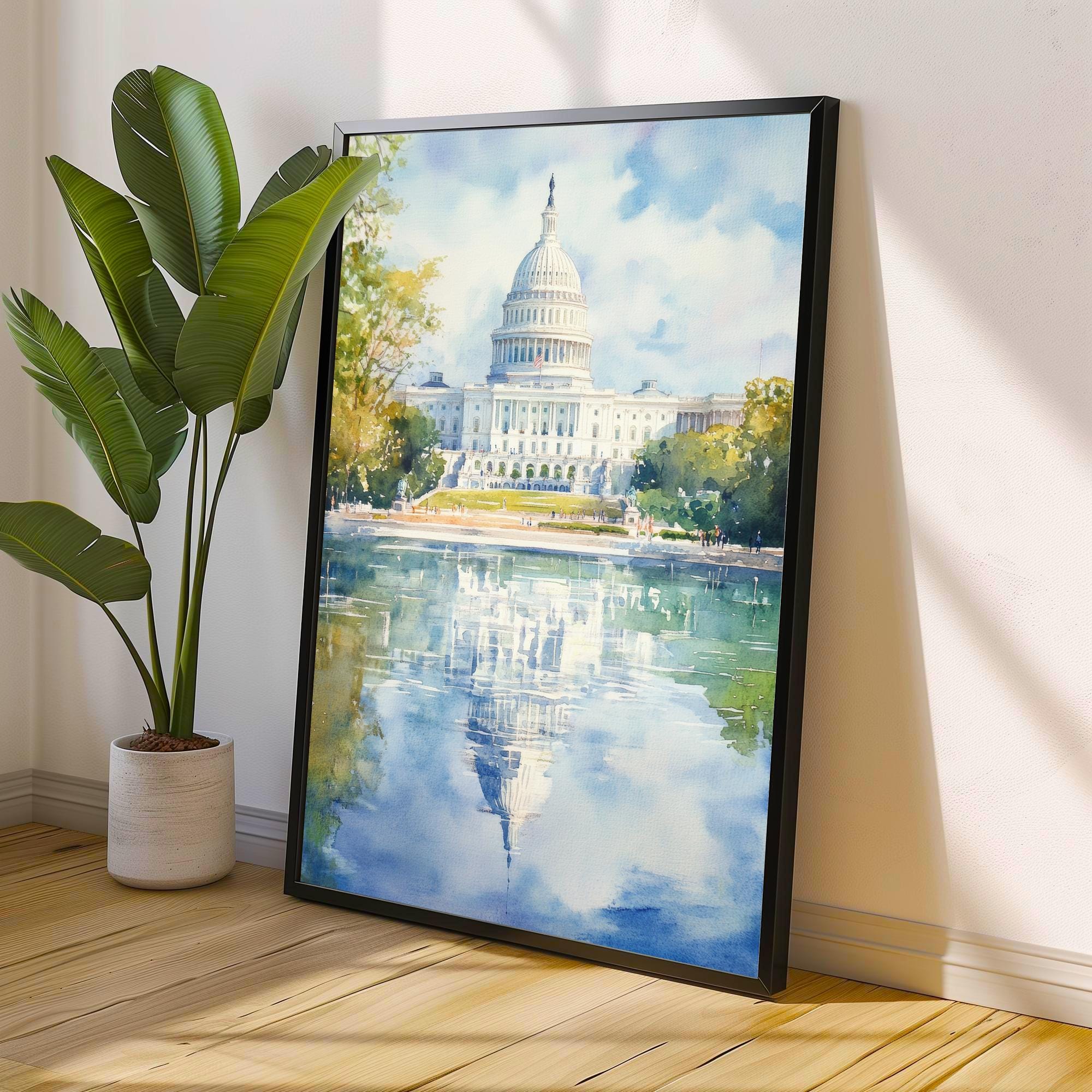 Washington DC Watercolor Painting Poster USA Wall Art City Skyline Landscape Print Gift for American Travel Lovers