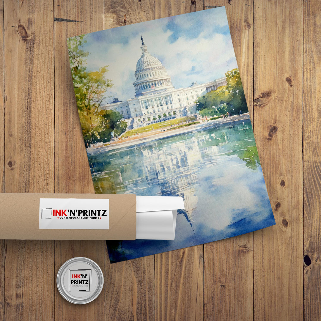 Washington DC Watercolor Painting Poster USA Wall Art City Skyline Landscape Print Gift for American Travel Lovers