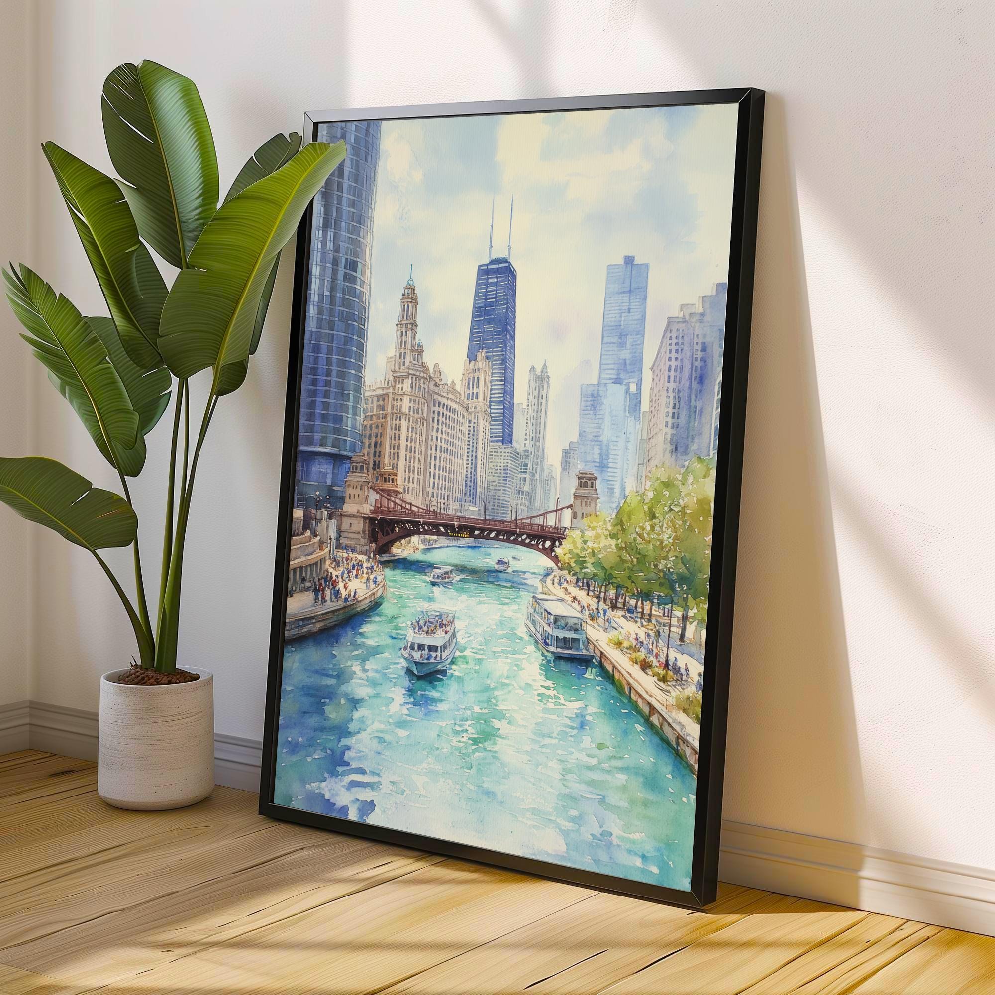 Chicago Watercolor Painting Poster USA Wall Art City Skyline Landscape Print Gift for American Travel Lovers and Fans of Scenic Illinois