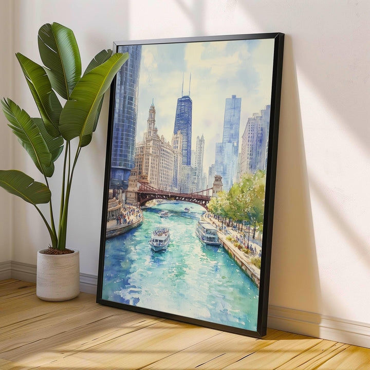 Chicago Watercolor Painting Poster USA Wall Art City Skyline Landscape Print Gift for American Travel Lovers and Fans of Scenic Illinois