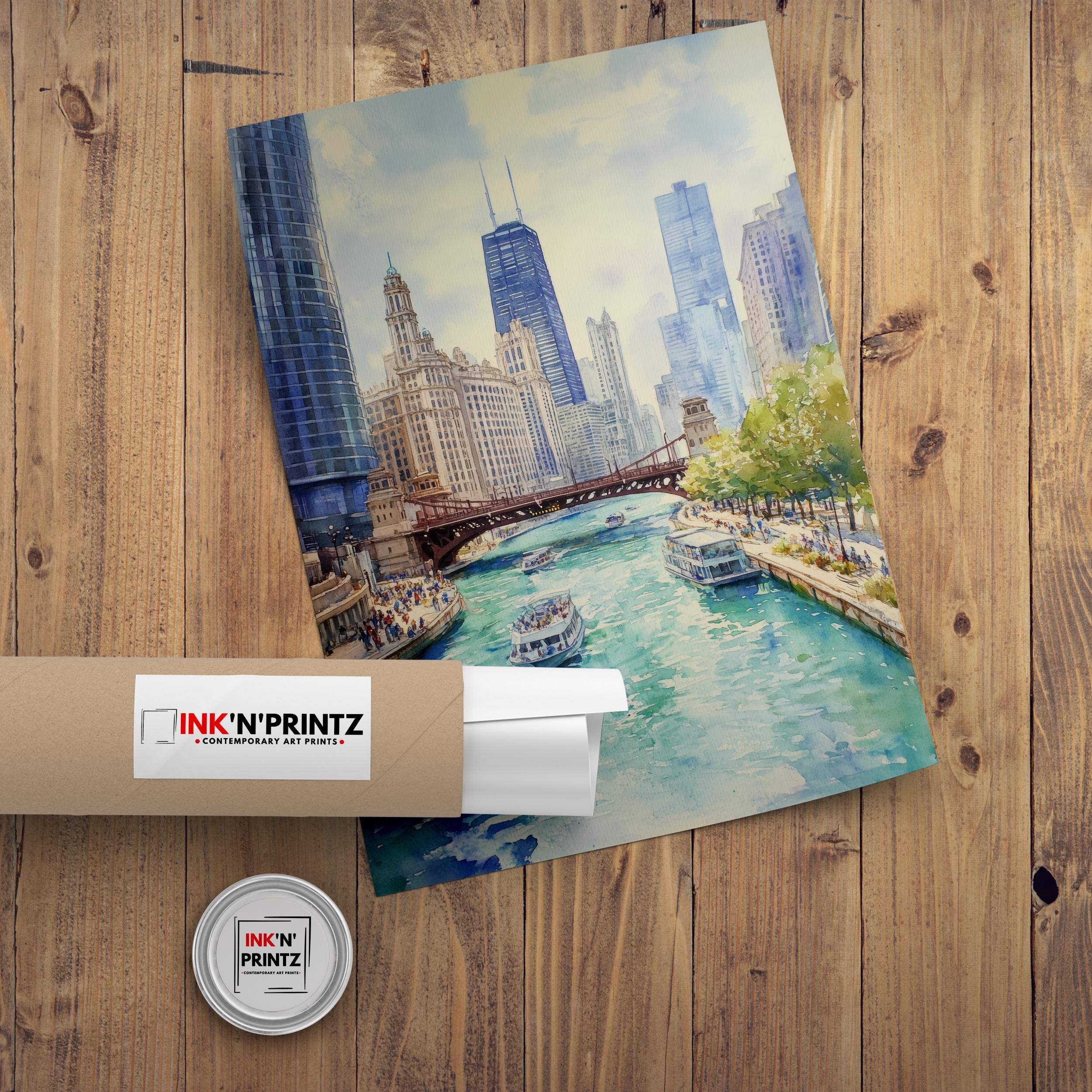 Chicago Watercolor Painting Poster USA Wall Art City Skyline Landscape Print Gift for American Travel Lovers and Fans of Scenic Illinois
