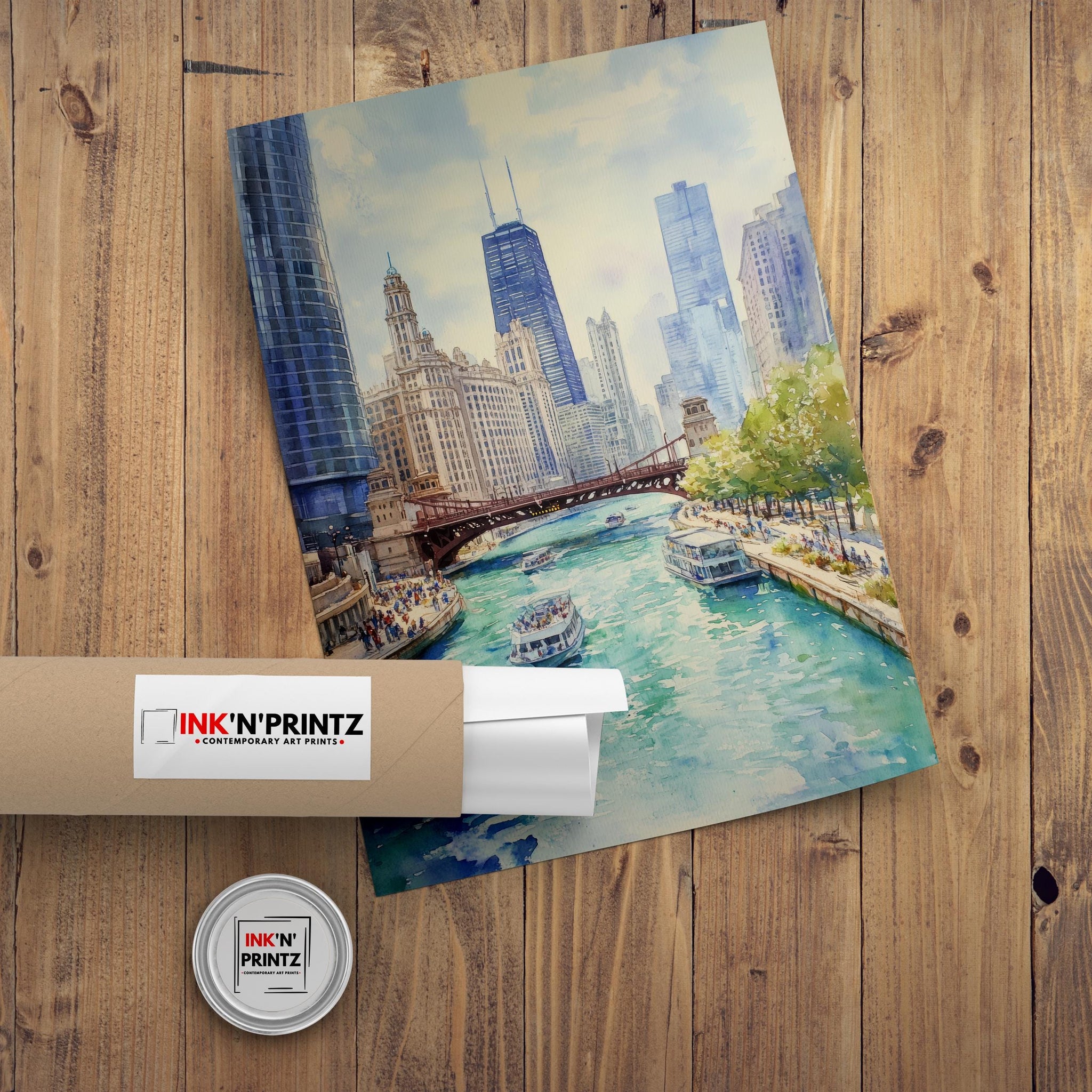 Chicago Watercolor Painting Poster USA Wall Art City Skyline Landscape Print Gift for American Travel Lovers and Fans of Scenic Illinois