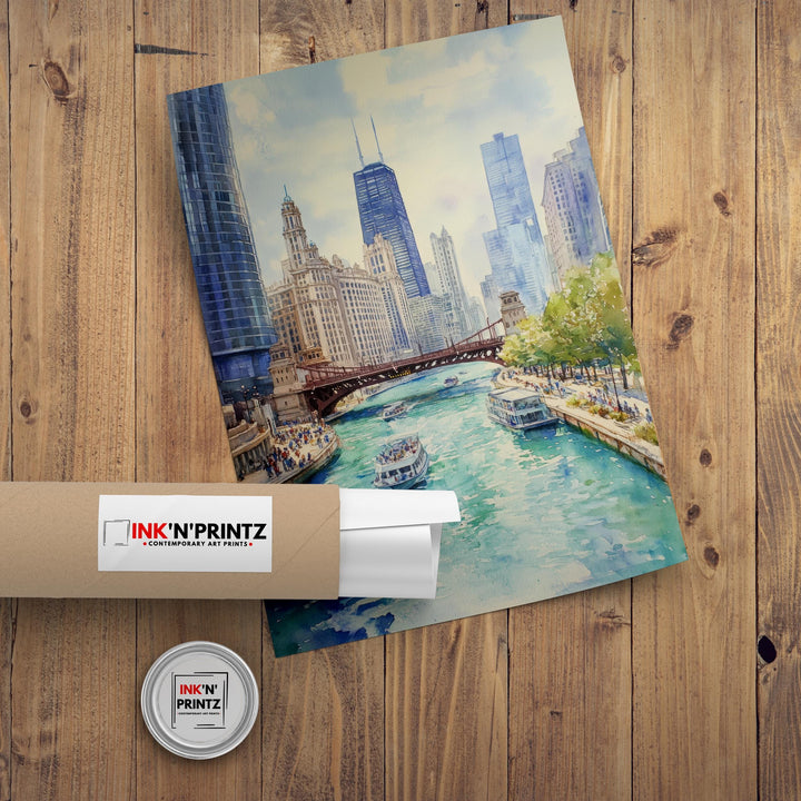 Chicago Watercolor Painting Poster USA Wall Art City Skyline Landscape Print Gift for American Travel Lovers and Fans of Scenic Illinois