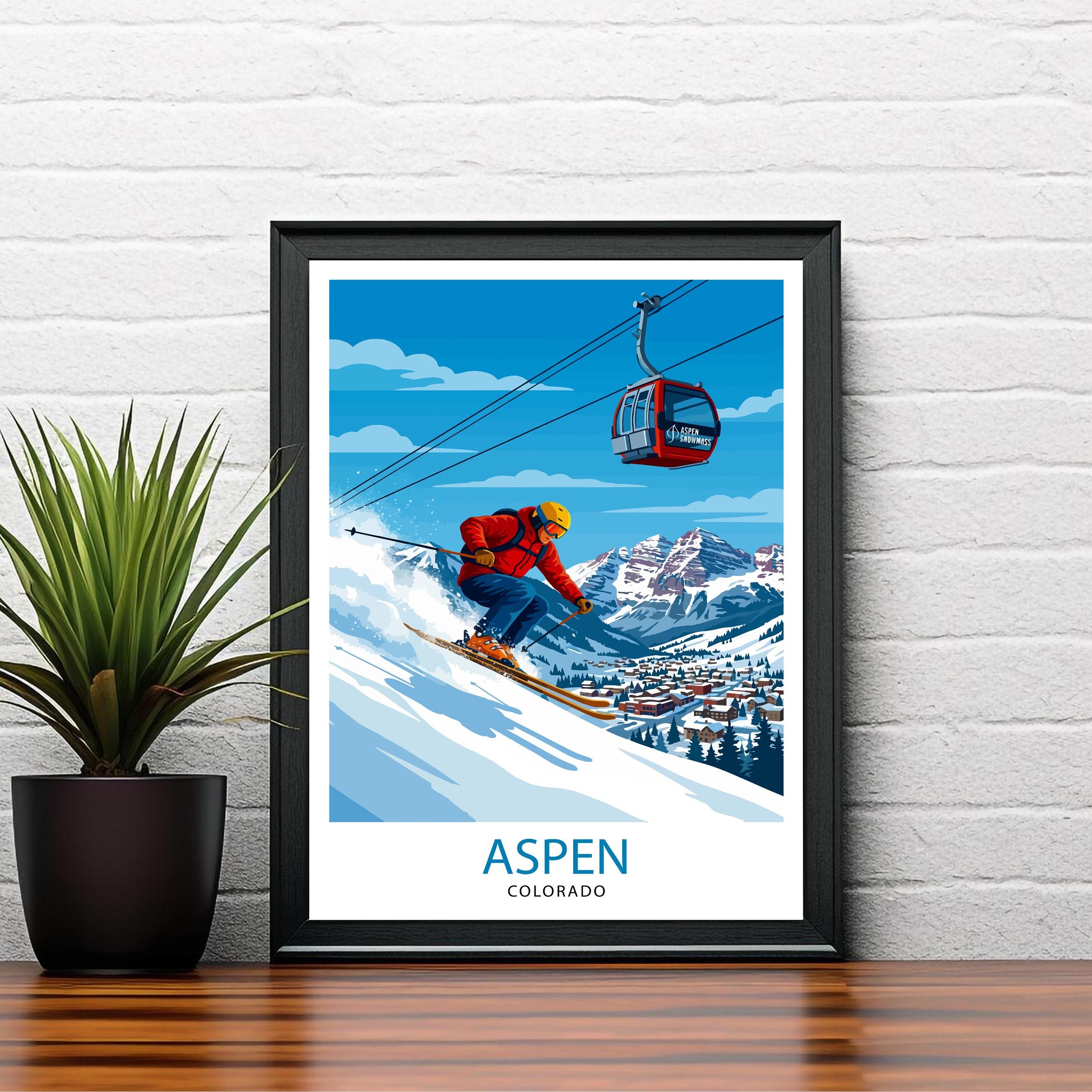 Aspen Colorado Ski Poster Print USA Wall Art Mountain Resort Landscape Gift for American Travel Lovers and Fans of Scenic Winter Sports