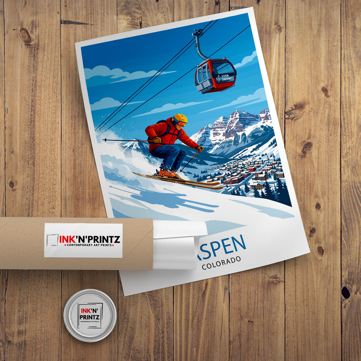 Aspen Colorado Ski Poster Print USA Wall Art Mountain Resort Landscape Gift for American Travel Lovers and Fans of Scenic Winter Sports