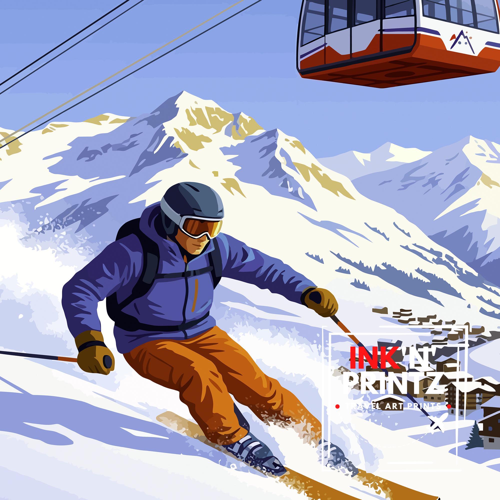 Alpe dHuez Ski Poster Print France Wall Art Mountain Resort Landscape Gift for Europe Travel Lovers and Fans of Scenic French Alps Winter