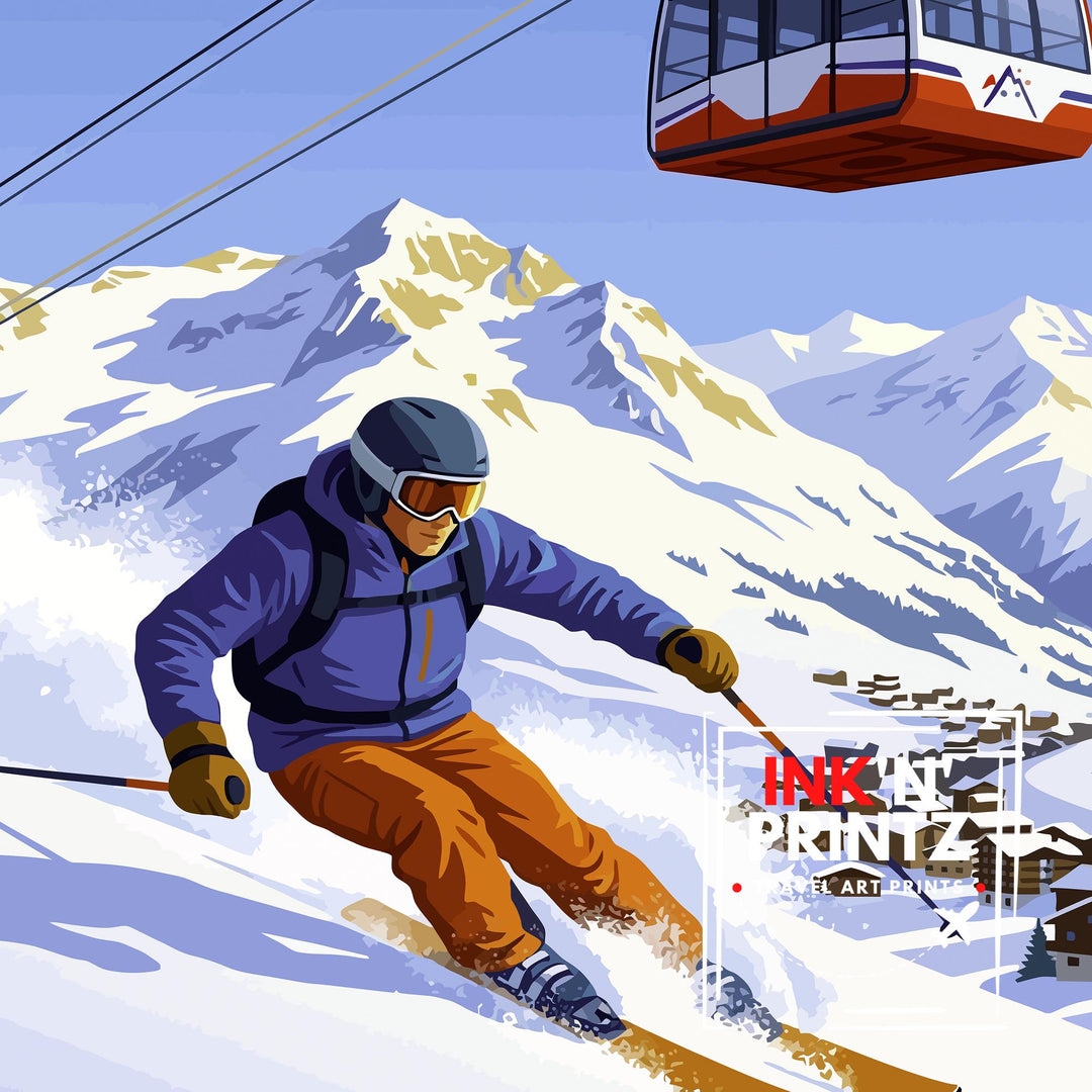 Alpe dHuez Ski Poster Print France Wall Art Mountain Resort Landscape Gift for Europe Travel Lovers and Fans of Scenic French Alps Winter