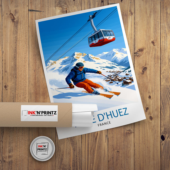 Alpe dHuez Ski Poster Print France Wall Art Mountain Resort Landscape Gift for Europe Travel Lovers and Fans of Scenic French Alps Winter