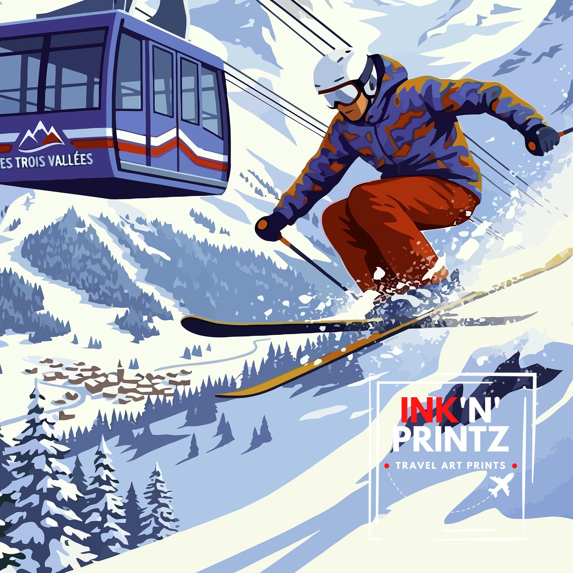 Les Trois Vallees Ski Poster Print France Wall Art Mountain Resort Landscape Gift for Europe Travel Lovers and Fans of Scenic French Alps