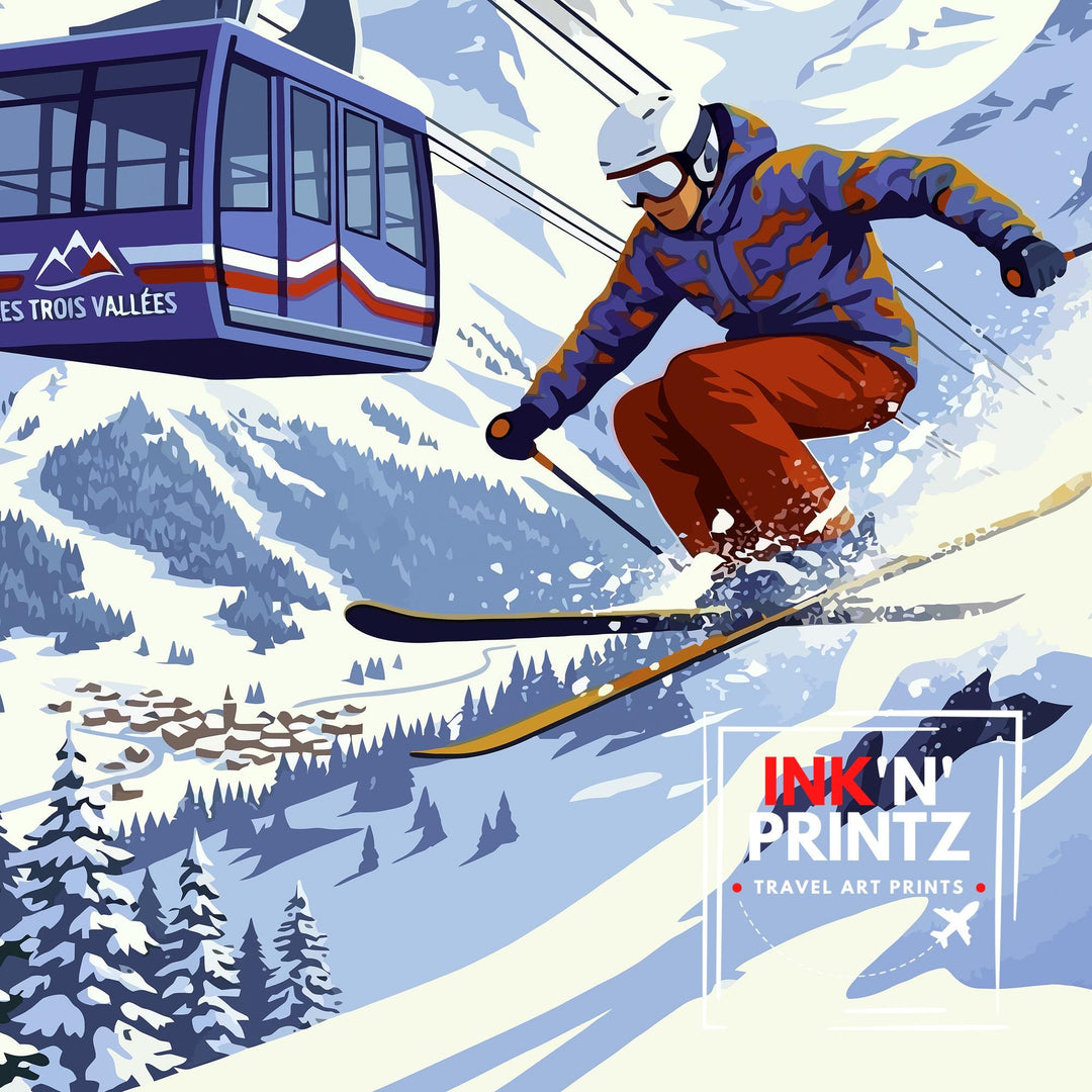 Les Trois Vallees Ski Poster Print France Wall Art Mountain Resort Landscape Gift for Europe Travel Lovers and Fans of Scenic French Alps