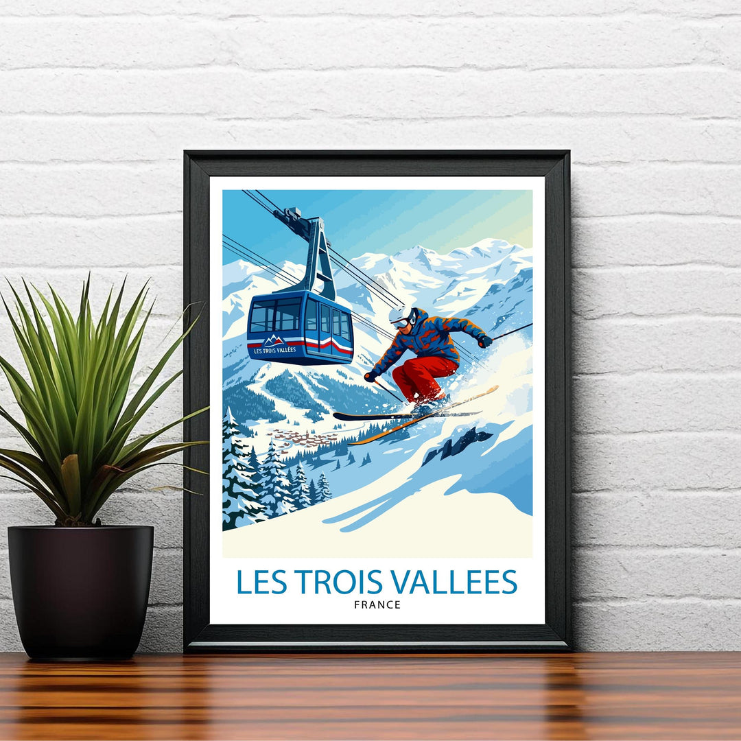 Les Trois Vallees Ski Poster Print France Wall Art Mountain Resort Landscape Gift for Europe Travel Lovers and Fans of Scenic French Alps