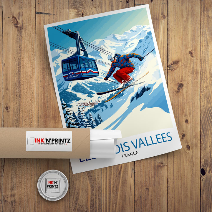 Les Trois Vallees Ski Poster Print France Wall Art Mountain Resort Landscape Gift for Europe Travel Lovers and Fans of Scenic French Alps