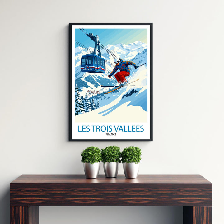 Les Trois Vallees Ski Poster Print France Wall Art Mountain Resort Landscape Gift for Europe Travel Lovers and Fans of Scenic French Alps