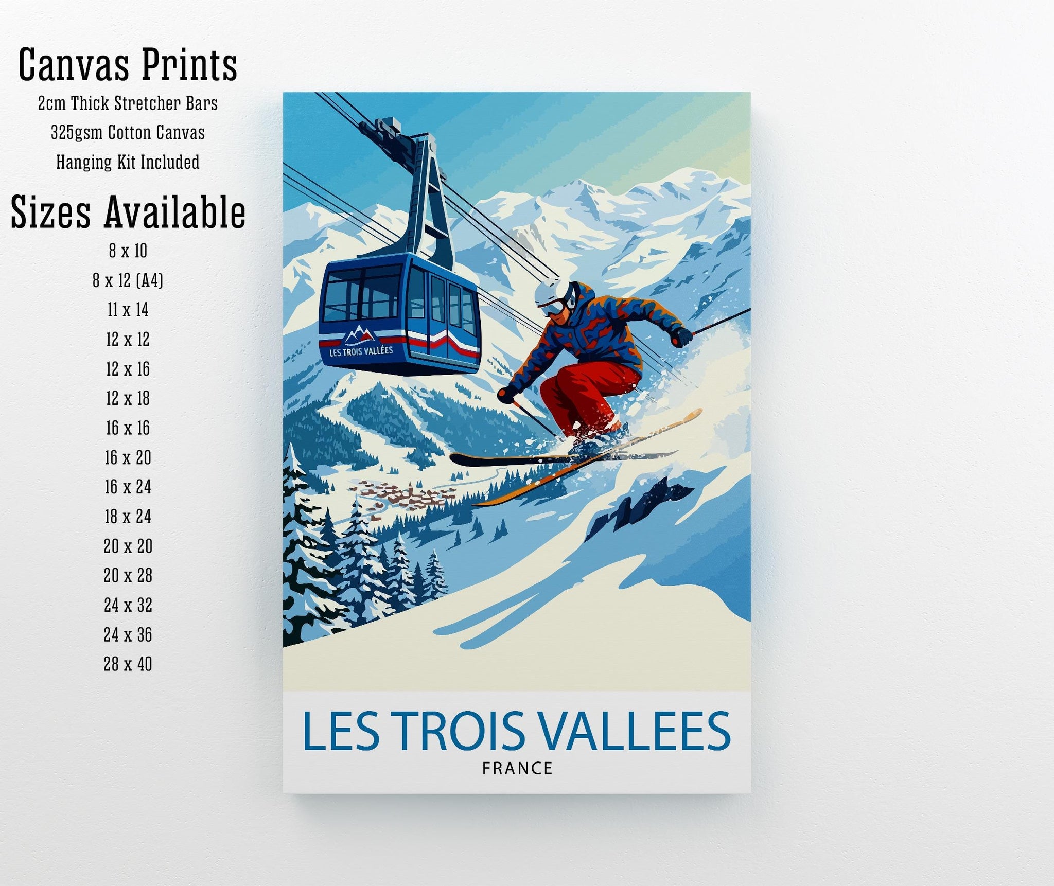 Les Trois Vallees Ski Poster Print France Wall Art Mountain Resort Landscape Gift for Europe Travel Lovers and Fans of Scenic French Alps