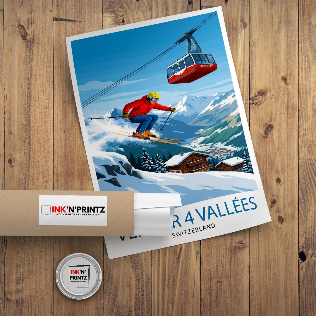 Verbier 4 Valleys Ski Resort Poster Print Switzerland Wall Art Mountain Landscape Gift for Europe Lovers and Fans of Scenic Swiss Alps
