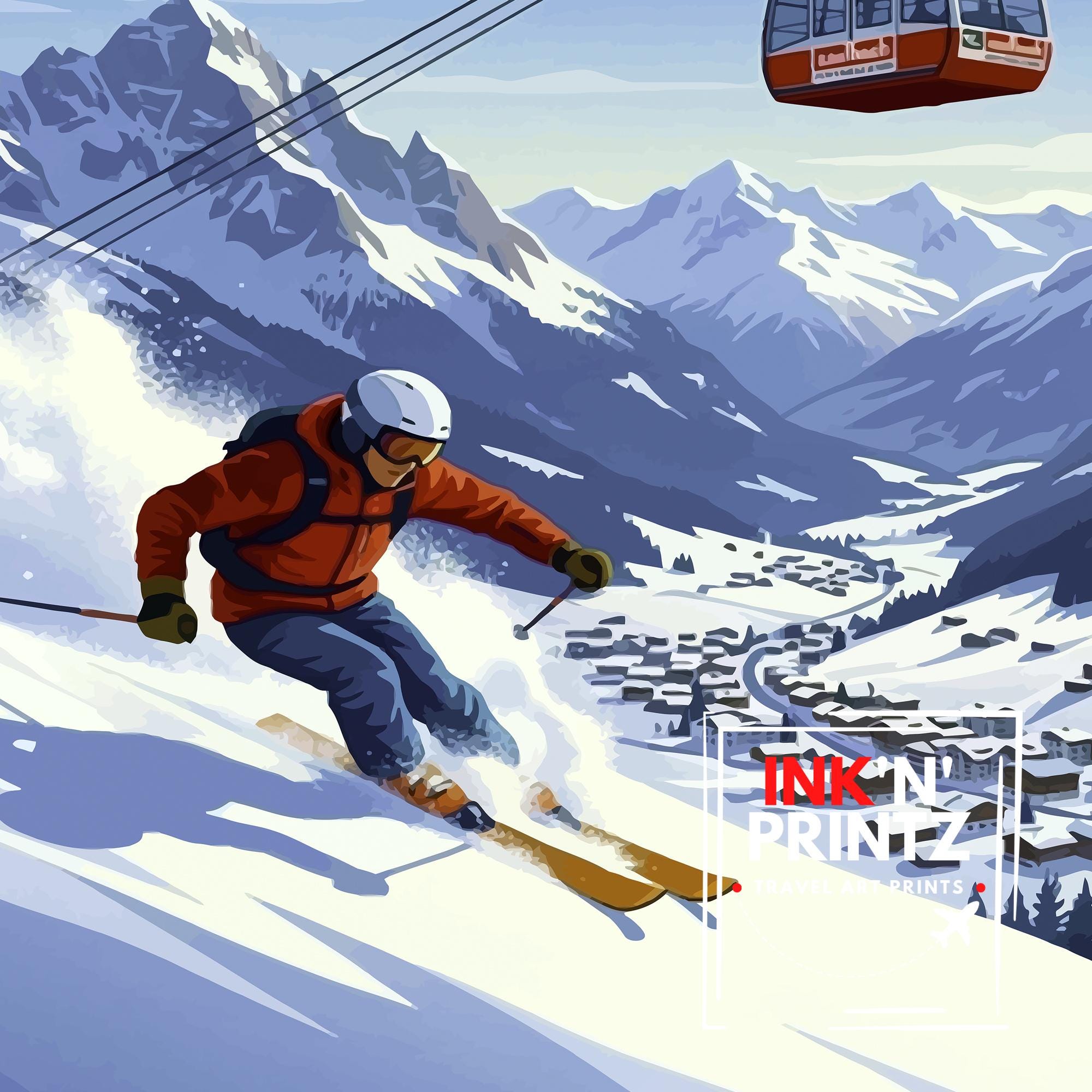 Saalbach Hinterglemm Ski Poster Print, Austrian Alps Art