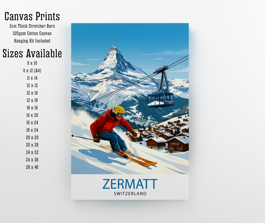 Zermatt Ski Poster Print Switzerland Wall Art Mountain Resort Landscape Gift for Europe Travel Lovers and Fans of Scenic Swiss Alps Winter