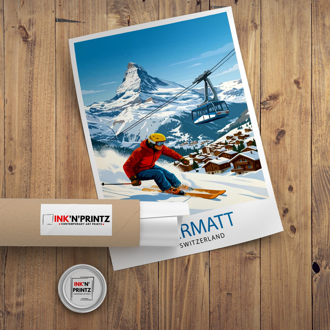 Zermatt Ski Poster Print Switzerland Wall Art Mountain Resort Landscape Gift for Europe Travel Lovers and Fans of Scenic Swiss Alps Winter