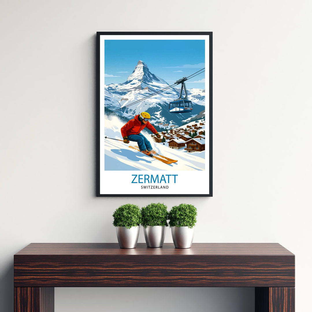 Zermatt Ski Poster Print Switzerland Wall Art Mountain Resort Landscape Gift for Europe Travel Lovers and Fans of Scenic Swiss Alps Winter