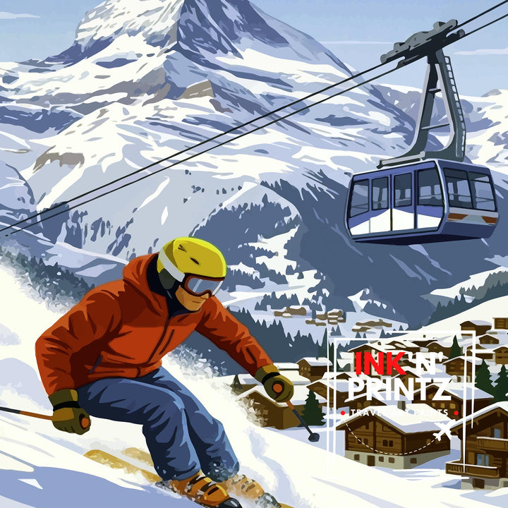 Zermatt Ski Poster Print Switzerland Wall Art Mountain Resort Landscape Gift for Europe Travel Lovers and Fans of Scenic Swiss Alps Winter