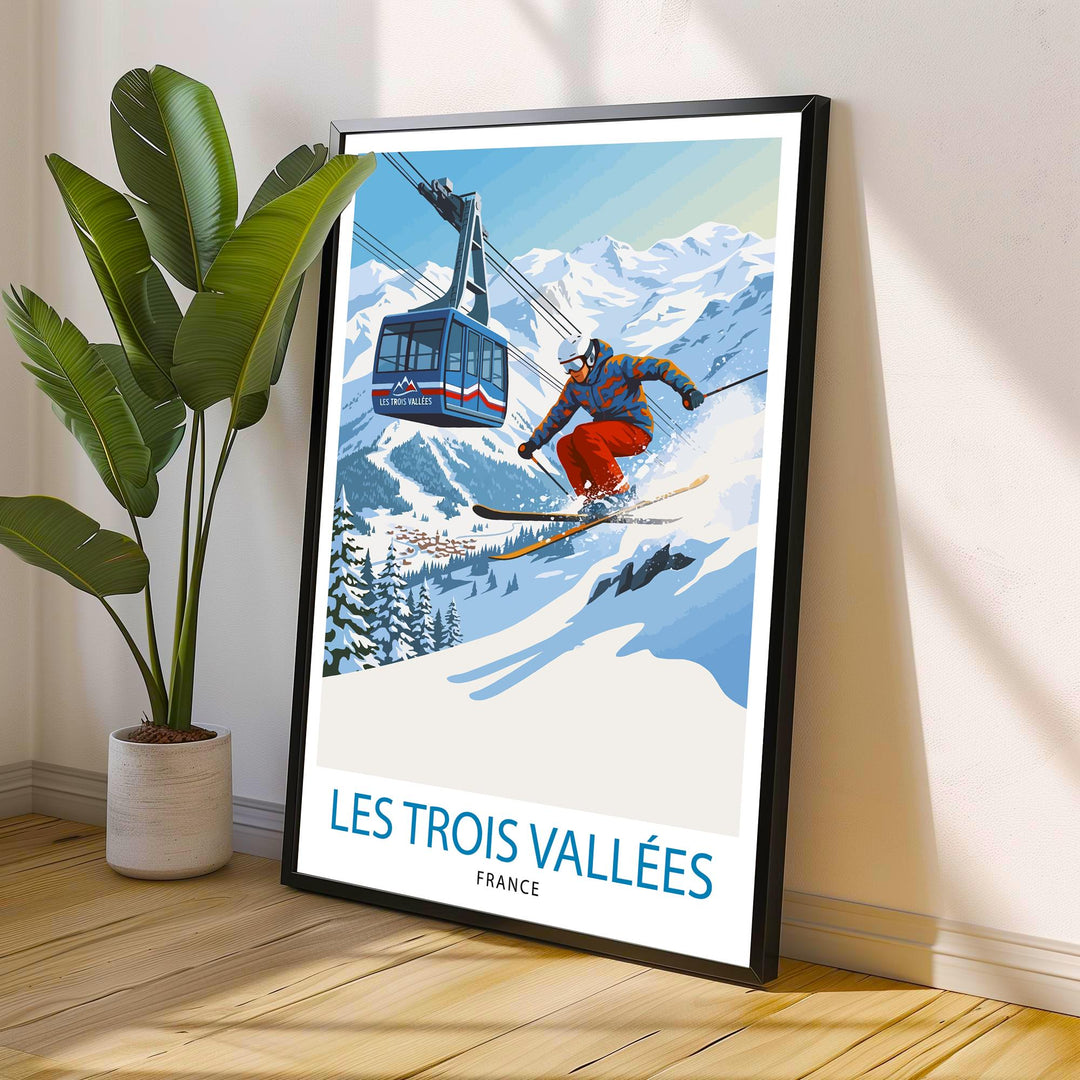 Les Trois Vallees Ski Poster Print France Wall Art Mountain Resort Landscape Gift for Europe Travel Lovers and Fans of Scenic French Alps