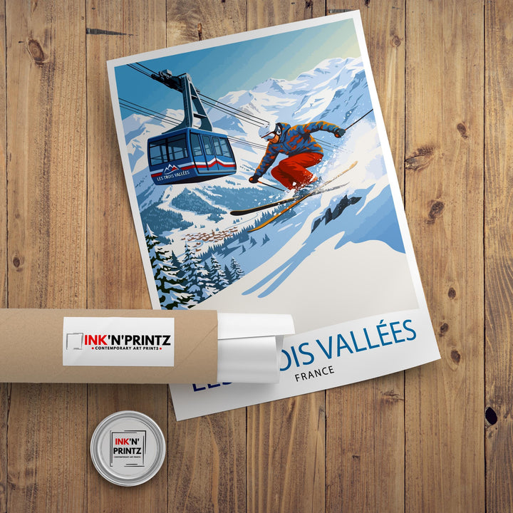 Les Trois Vallees Ski Poster Print France Wall Art Mountain Resort Landscape Gift for Europe Travel Lovers and Fans of Scenic French Alps