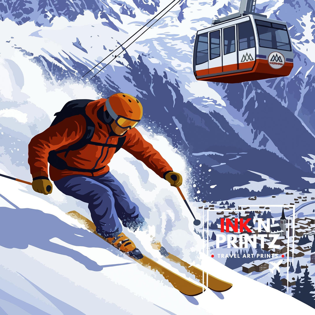 Chamonix Ski Poster Print France Wall Art Mountain Resort Landscape Gift for Europe Travel Lovers and Fans of Scenic French Alps Winter