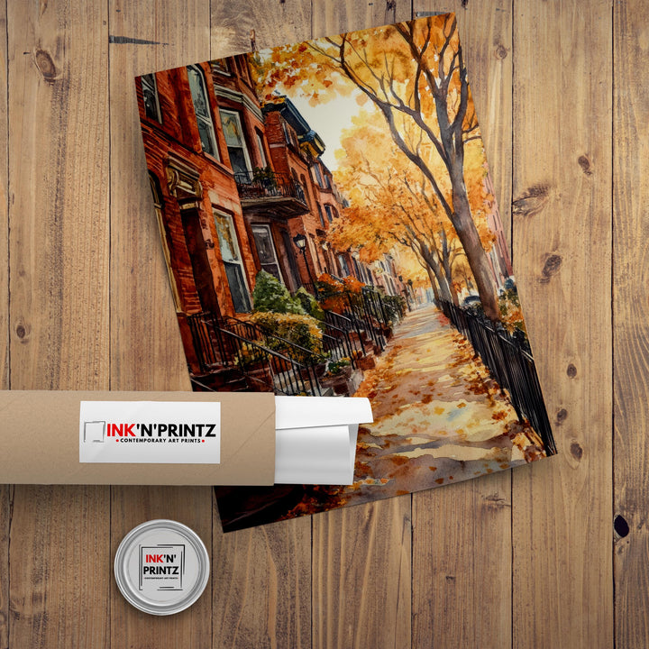 Boston Watercolor Painting Poster USA Wall Art City Skyline Landscape Print Gift for American Travel Lovers and Fans of Scenic New England