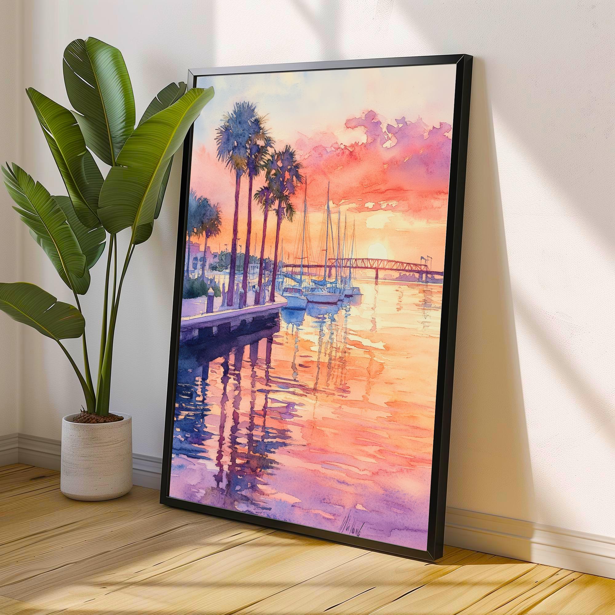 Bradenton Florida Watercolor Painting Poster USA Wall Art Coastal Landscape Print Gift for American Travel Lovers and Fans of Scenic Seaside
