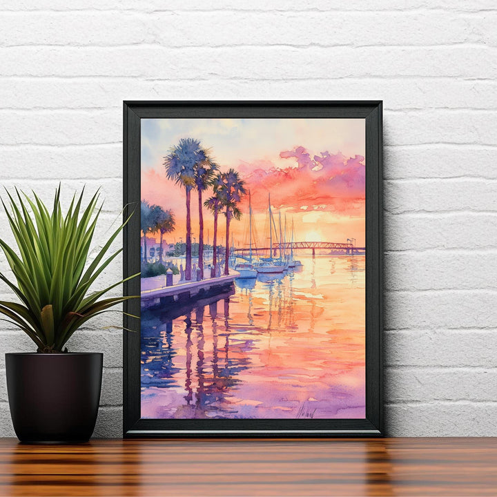 Bradenton Florida Watercolor Painting Poster USA Wall Art Coastal Landscape Print Gift for American Travel Lovers and Fans of Scenic Seaside