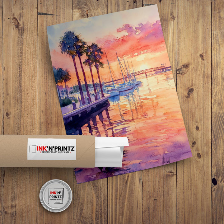 Bradenton Florida Watercolor Painting Poster USA Wall Art Coastal Landscape Print Gift for American Travel Lovers and Fans of Scenic Seaside