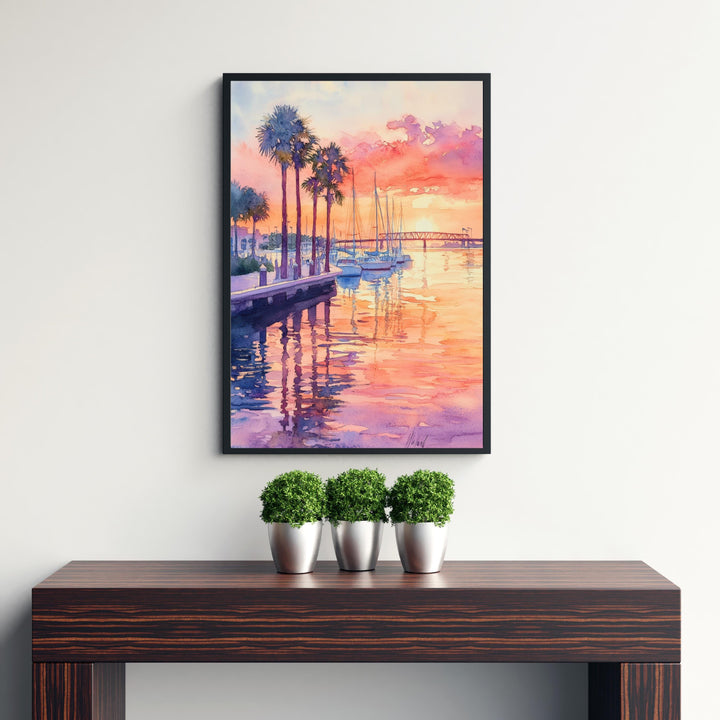 Bradenton Florida Watercolor Painting Poster USA Wall Art Coastal Landscape Print Gift for American Travel Lovers and Fans of Scenic Seaside