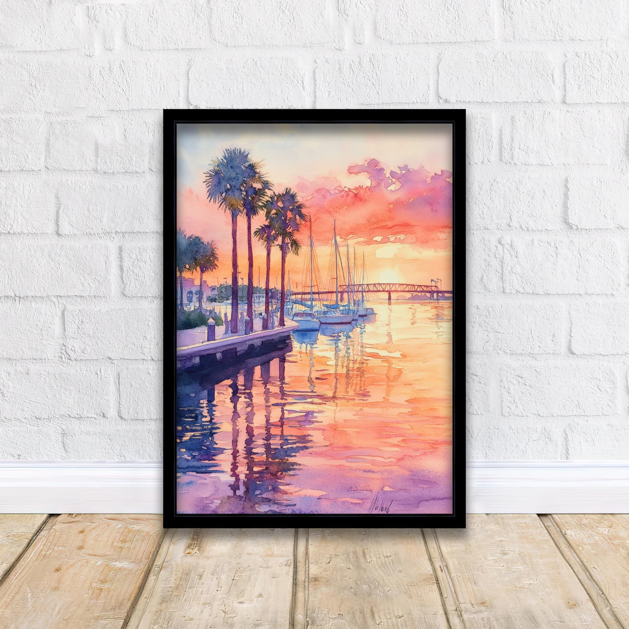 Bradenton Florida Watercolor Painting Poster USA Wall Art Coastal Landscape Print Gift for American Travel Lovers and Fans of Scenic Seaside