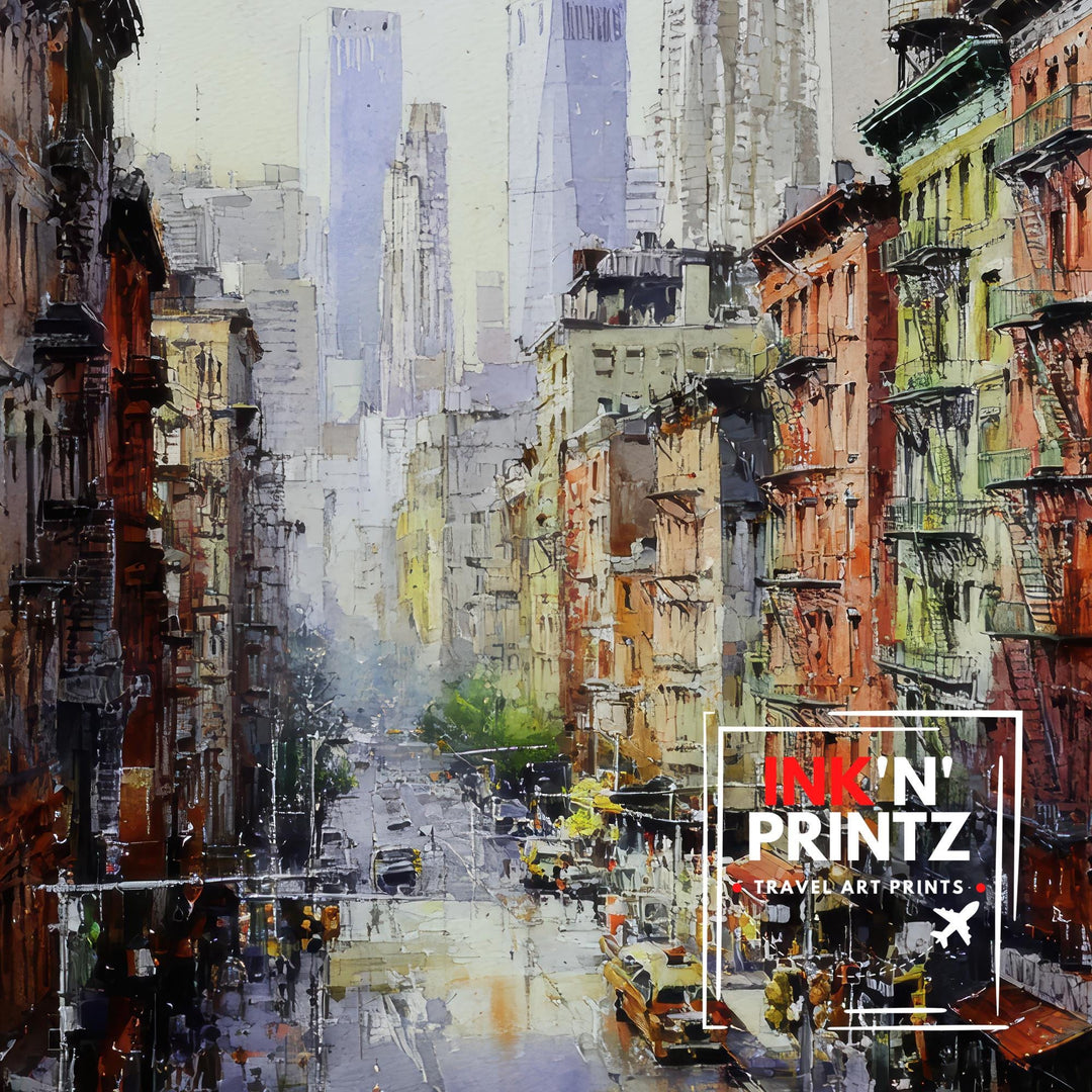 New York City Watercolor Painting Poster USA Wall Art Skyline Landscape Print Gift for American Travel Lovers and Fans of Scenic Urban