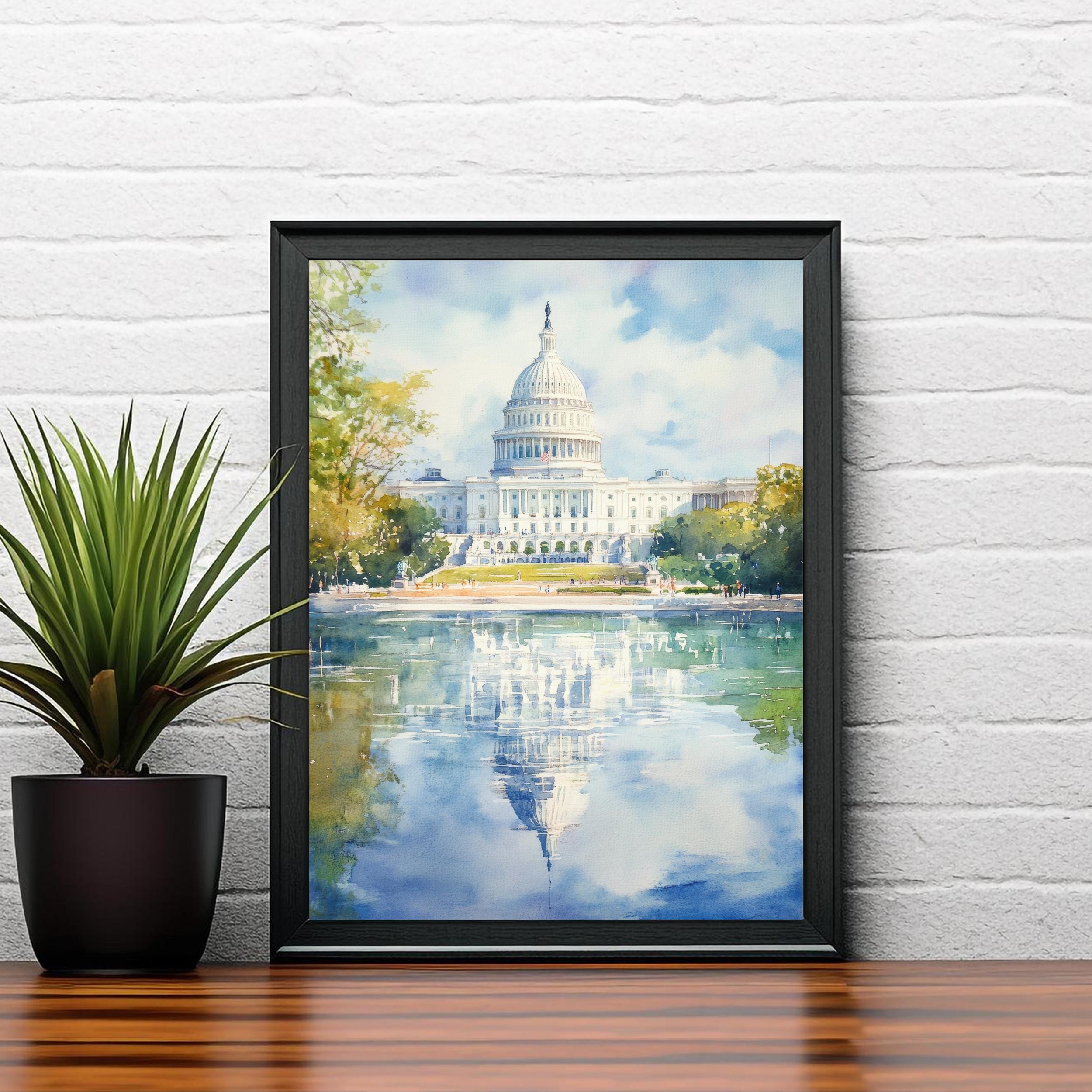 Washington DC Watercolor Painting Poster USA Wall Art City Skyline Landscape Print Gift for American Travel Lovers