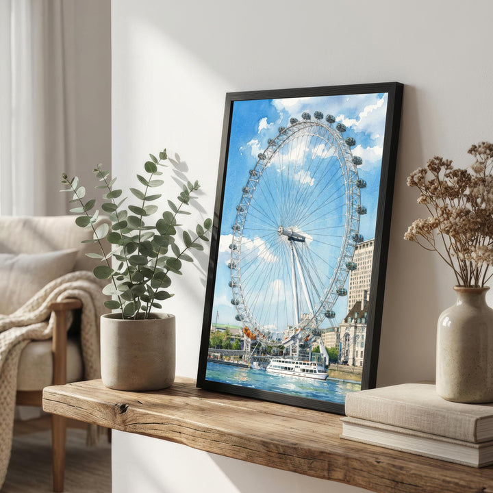 London Eye Watercolour Painting Poster England Wall Art City Landmark Landscape Gift for UK Travel Lovers and Fans of Scenic British