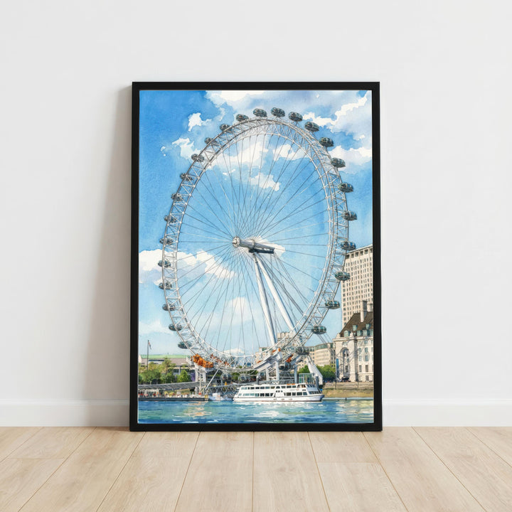 London Eye Watercolour Painting Poster England Wall Art City Landmark Landscape Gift for UK Travel Lovers and Fans of Scenic British
