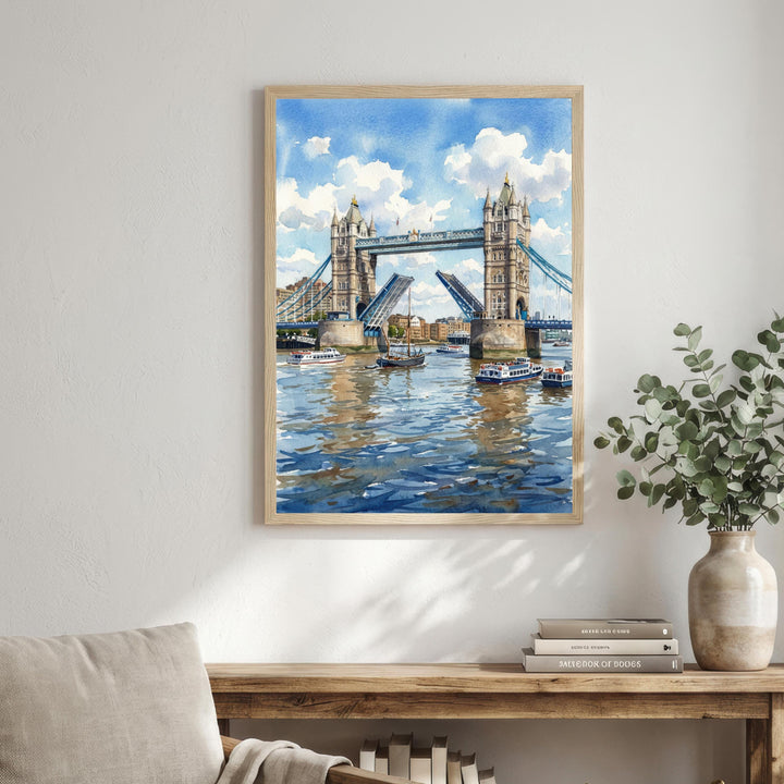 London Bridge Watercolour Painting Poster England Wall Art City Landmark Landscape Gift for UK Travel Lovers and Fans of Scenic British