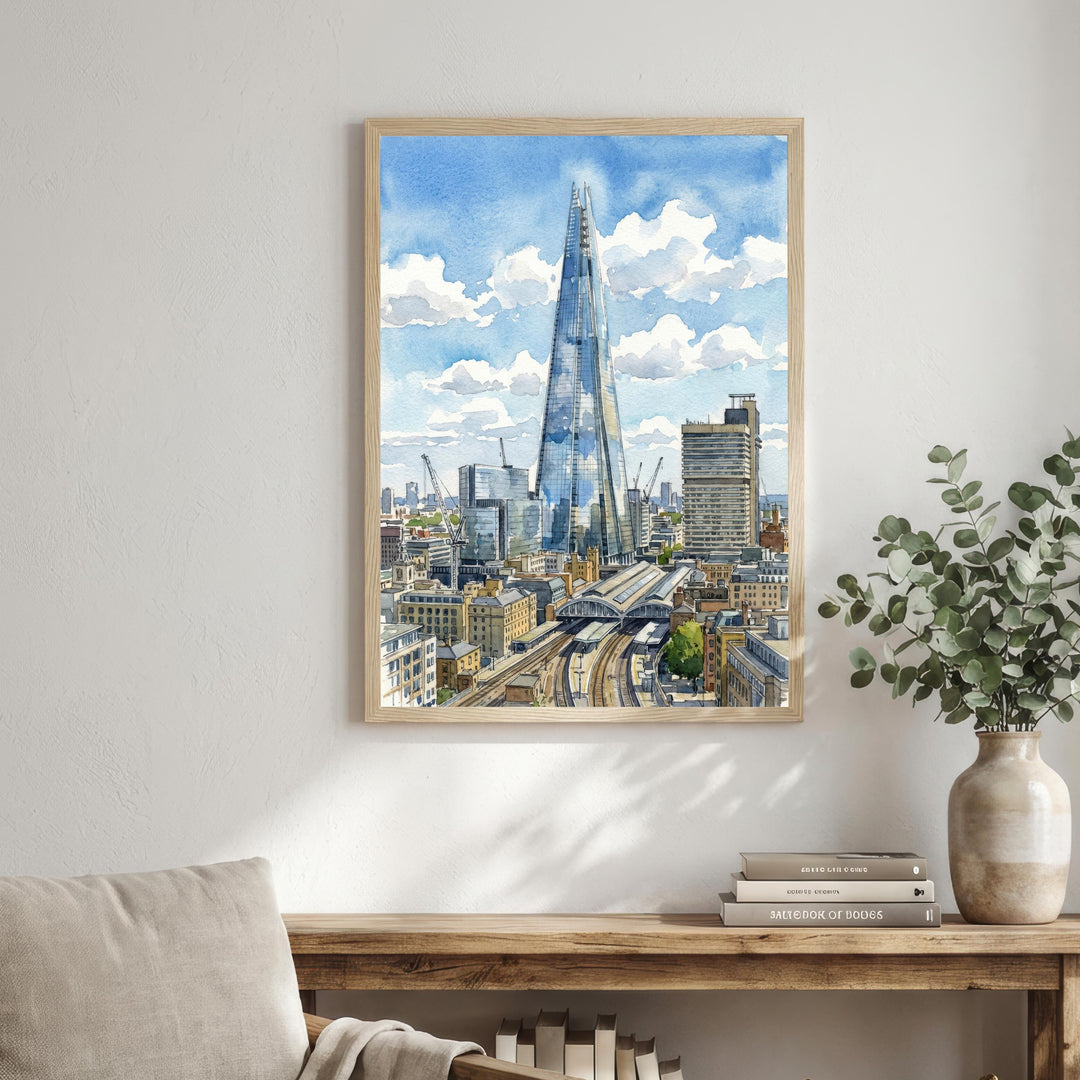 The Shard Watercolor Painting Poster London England Wall Art City Skyline Print Gift for UK Travel Lovers and Fans of Scenic Modern British