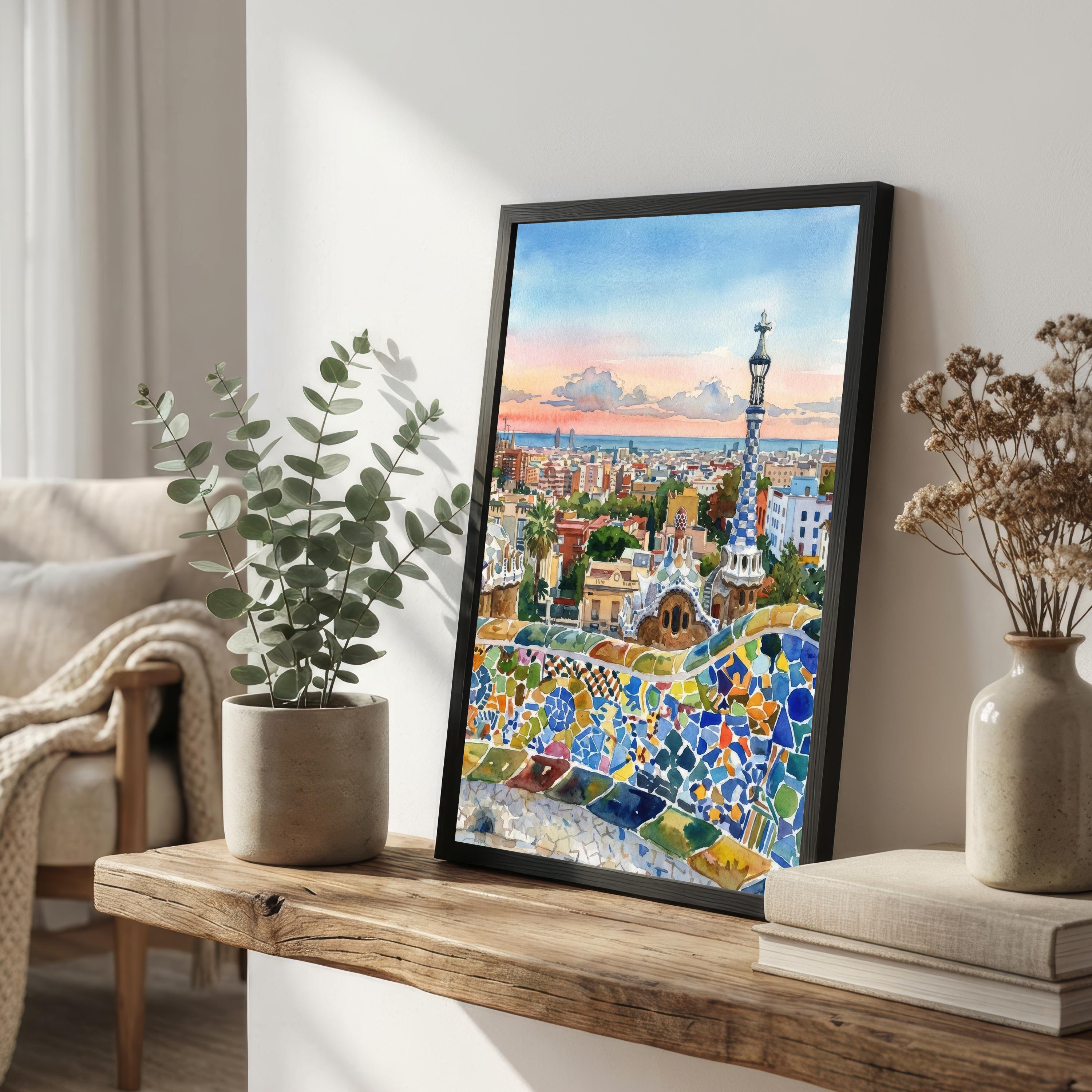 Barcelona Watercolor Painting Poster Spain Wall Art City Landscape Print Gift for Europe Travel Lovers and Fans of Scenic Mediterranean