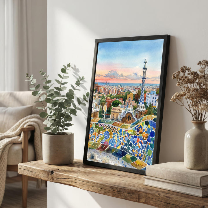 Barcelona Watercolor Painting Poster Spain Wall Art City Landscape Print Gift for Europe Travel Lovers and Fans of Scenic Mediterranean