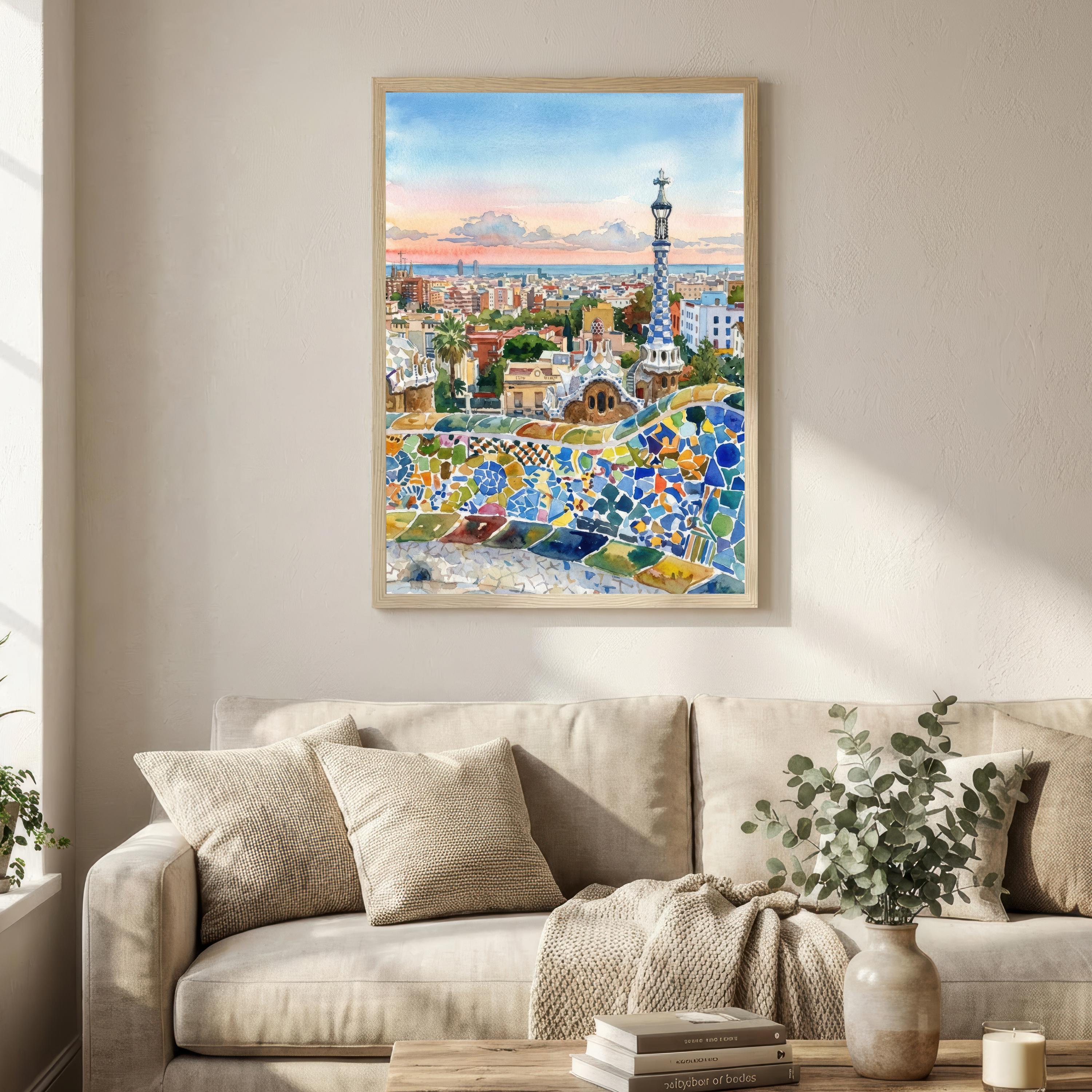 Barcelona Watercolor Painting Poster Spain Wall Art City Landscape Print Gift for Europe Travel Lovers and Fans of Scenic Mediterranean