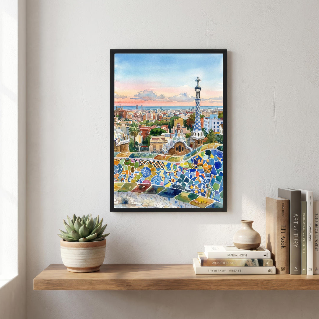 Barcelona Watercolor Painting Poster Spain Wall Art City Landscape Print Gift for Europe Travel Lovers and Fans of Scenic Mediterranean