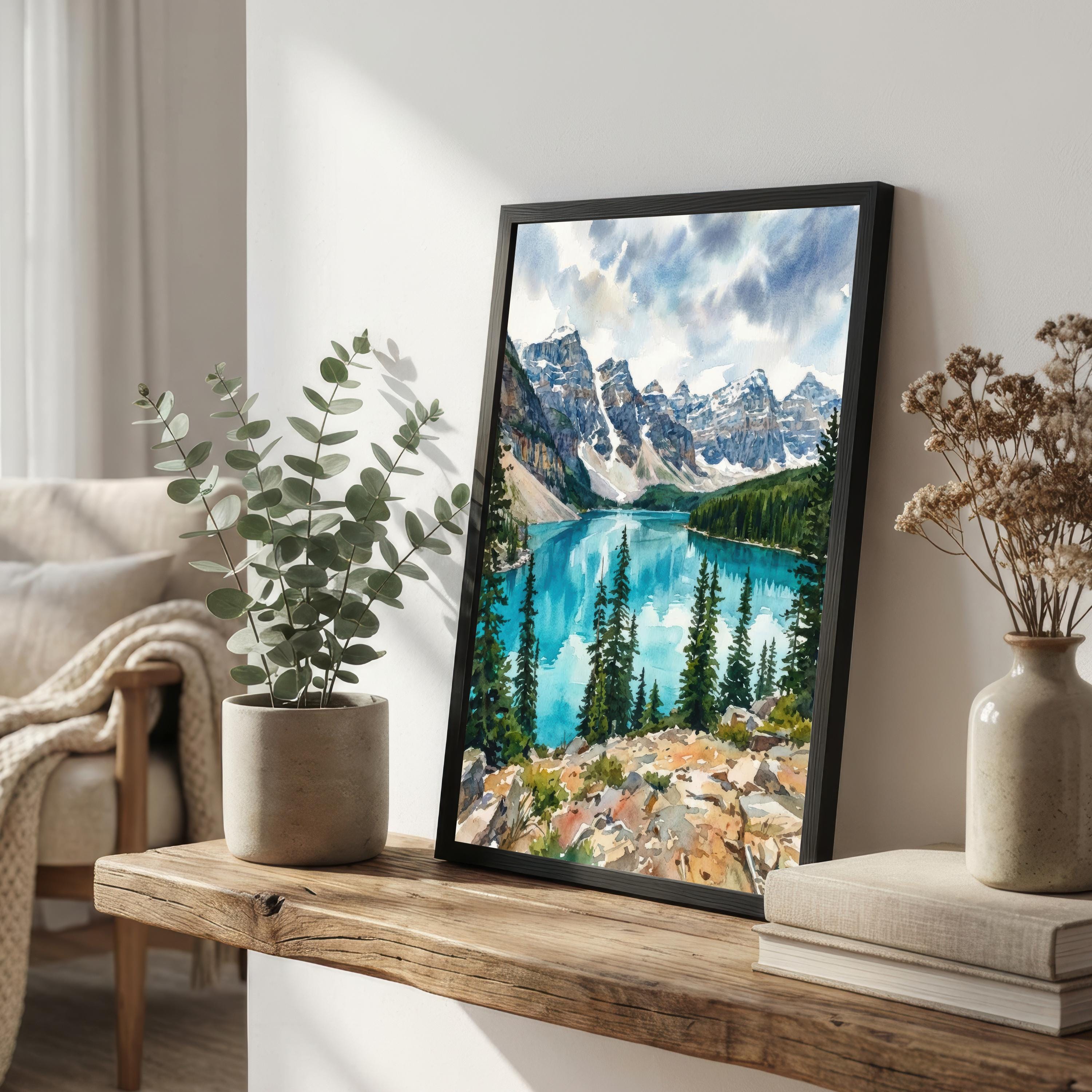 Banff National Park Watercolor Art Print: Canadian Rockies Landscape